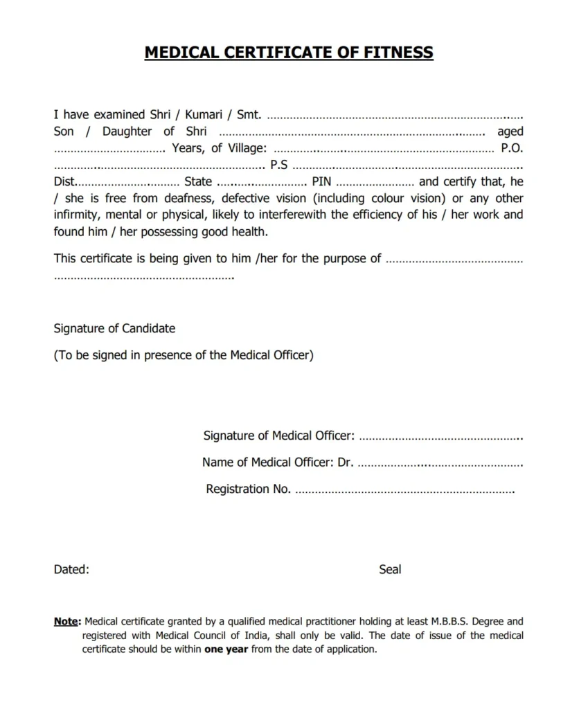 Medical Fitness Certificate Format